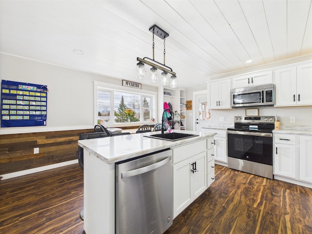 kitchen featuring dark wood finished floors, stainless steel appliances, an island with sink, and a sink