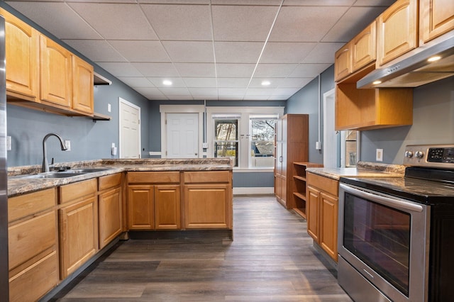 kitchen with open shelves, a sink, stainless steel electric range, a peninsula, and under cabinet range hood