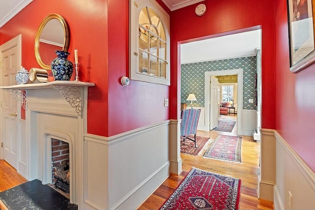 hallway with crown molding, wainscoting, and wood finished floors