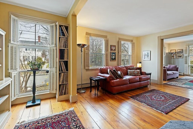 living room featuring hardwood / wood-style floors and a baseboard heating unit