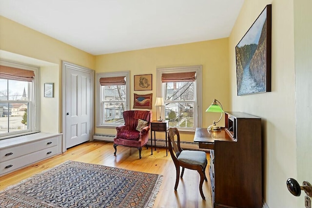 office area featuring light wood-style flooring and a baseboard radiator