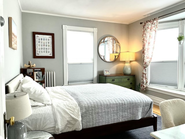 bedroom featuring crown molding, radiator, and wood finished floors