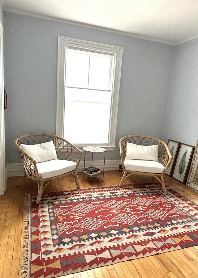 sitting room with baseboards and hardwood / wood-style floors