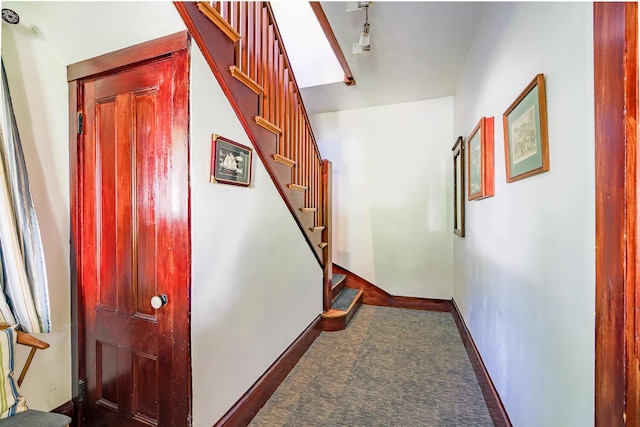 hallway with baseboards, carpet flooring, and stairs