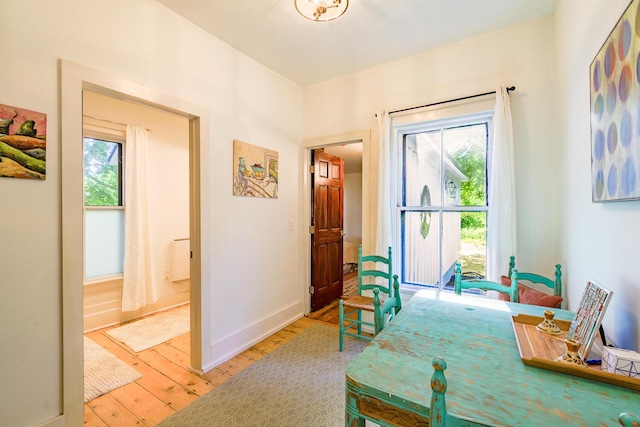 bedroom with hardwood / wood-style floors, baseboards, and multiple windows