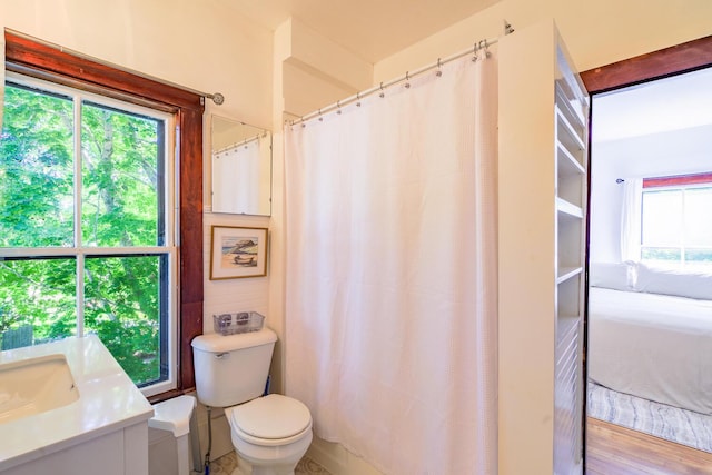 full bathroom with curtained shower, toilet, and a sink