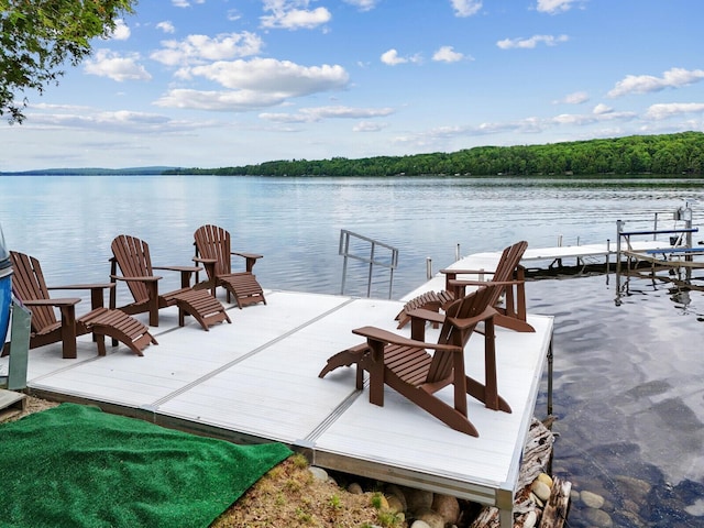 dock area with a forest view and a water view