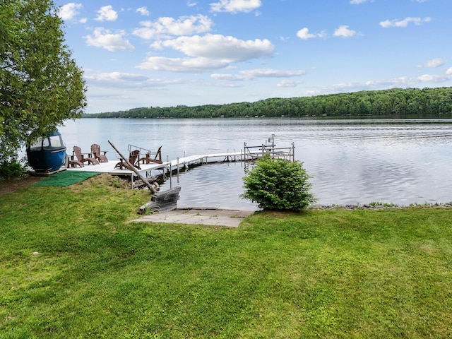 dock area featuring a yard, a water view, and a forest view