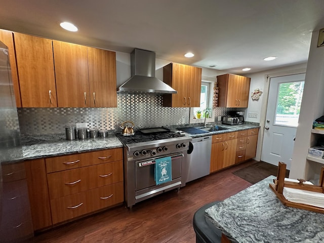 kitchen with wall chimney exhaust hood, a sink, a wealth of natural light, and stainless steel appliances