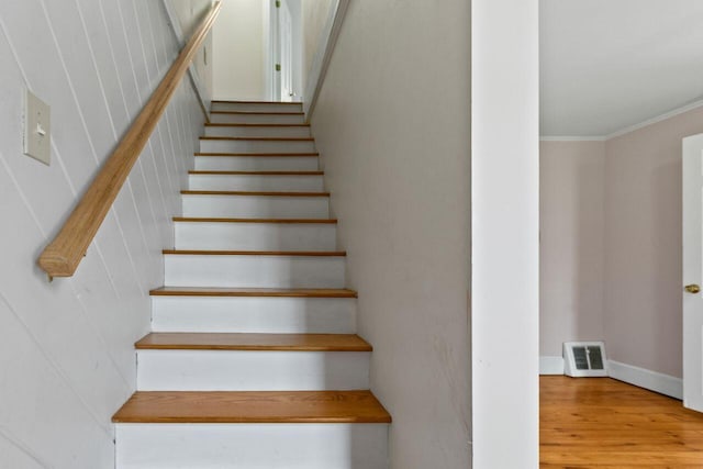 59 Brigham St, South Portland, ME 04106 - stairs with baseboards, visible vents, wood finished floors, and ornamental molding