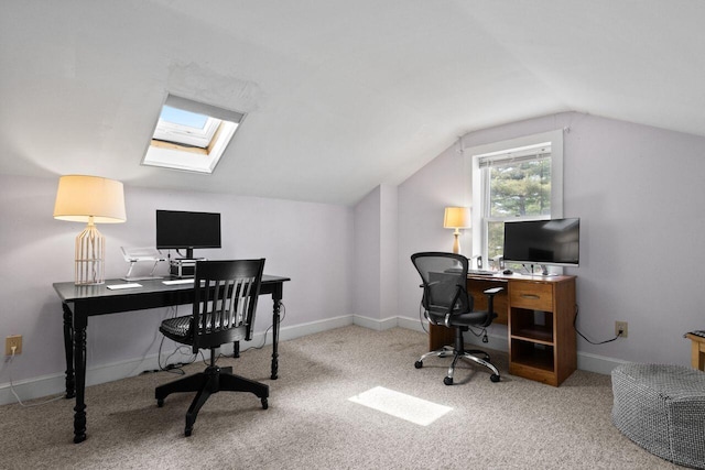 59 Brigham St, South Portland, ME 04106 - home office with baseboards, carpet floors, and vaulted ceiling with skylight