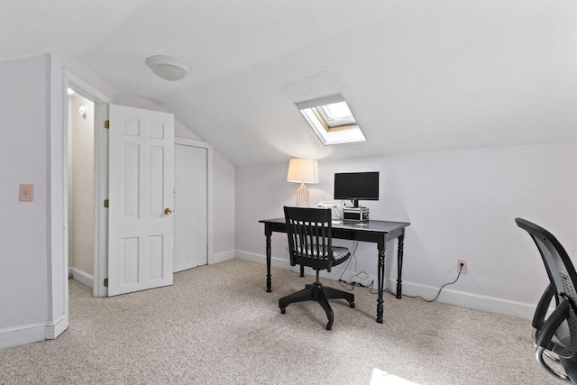 59 Brigham St, South Portland, ME 04106 - office area featuring carpet, baseboards, and vaulted ceiling with skylight