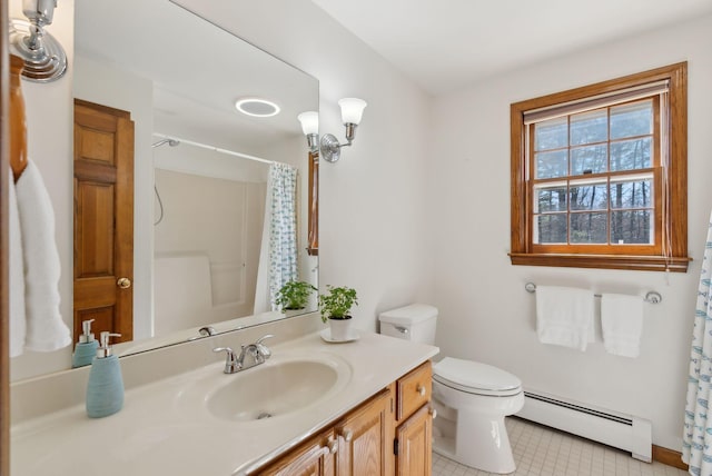 19 Windsor Pines Dr, Scarborough, ME 04074 - bathroom featuring baseboard heating, toilet, vanity, tile patterned floors, and a shower with curtain