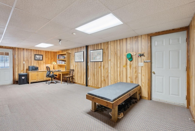 19 Windsor Pines Dr, Scarborough, ME 04074 - office with a paneled ceiling, wooden walls, and light carpet