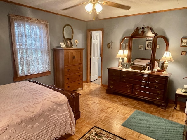 bedroom featuring ceiling fan and ornamental molding