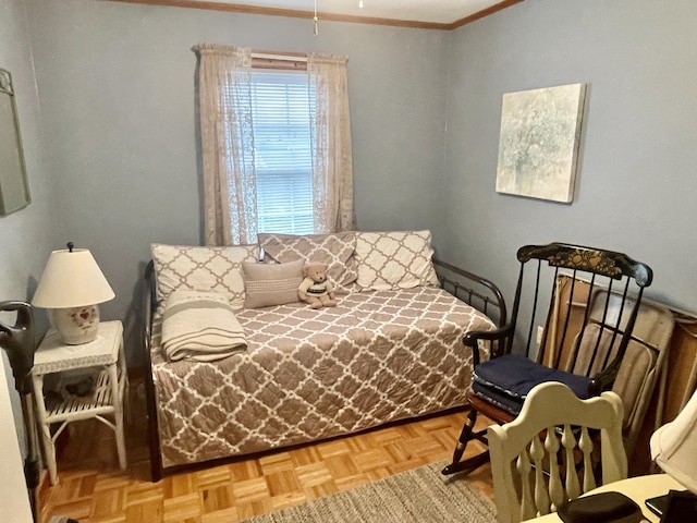 bedroom with crown molding
