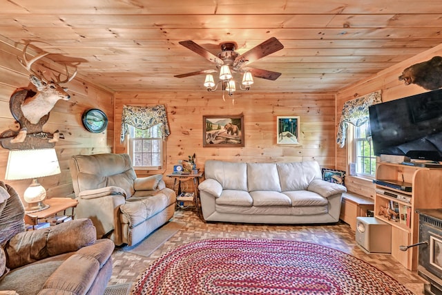 living area featuring wood ceiling, plenty of natural light, and wood walls
