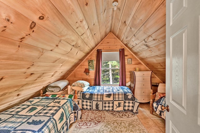 bedroom with wooden walls, wood ceiling, and lofted ceiling