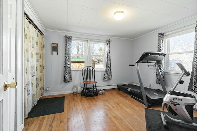 workout area with hardwood / wood-style floors, a wealth of natural light, a baseboard radiator, and ornamental molding