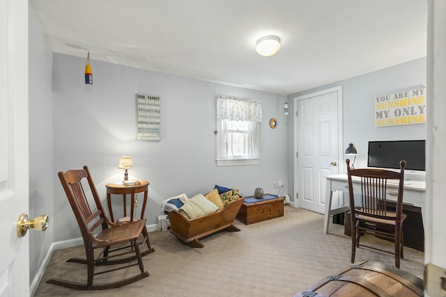 living area featuring baseboards and carpet floors