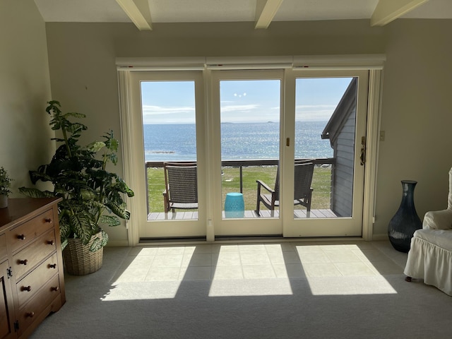 entryway with beamed ceiling, a wealth of natural light, and a water view