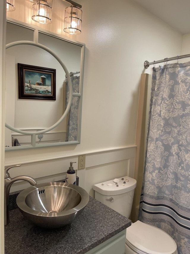 full bathroom featuring vanity, curtained shower, and toilet
