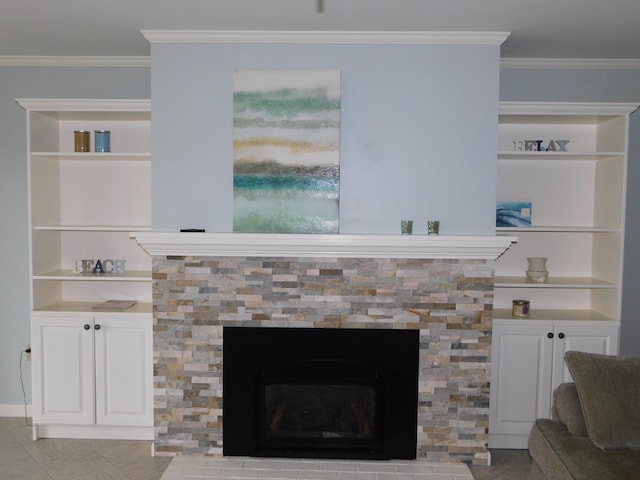 120 Bellevue St Unit 4, Owls Head, ME 04854 - detailed view of built in shelves, crown molding, and a fireplace
