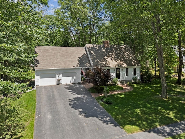 14 Pine Ledge Dr, Scarborough, ME 04074 - cape cod-style house with driveway, an attached garage, a chimney, a front lawn, and a shingled roof