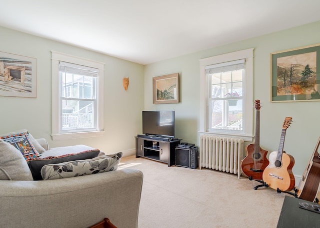 living room with radiator and carpet floors