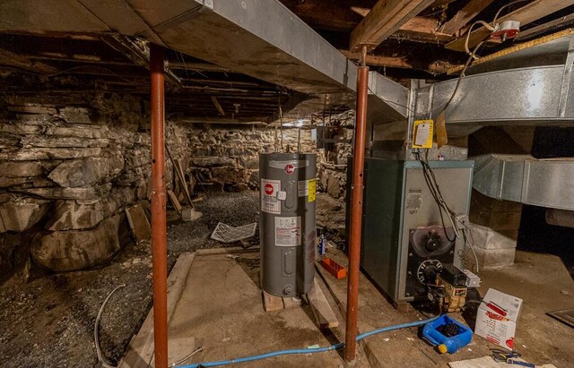 unfinished basement featuring electric water heater