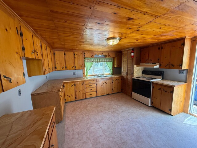 633 Norway Rd, Harrison, ME 04040 - kitchen with a sink, brown cabinets, under cabinet range hood, electric range, and wood ceiling