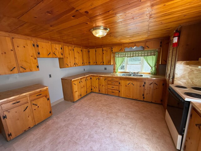 633 Norway Rd, Harrison, ME 04040 - kitchen with wood ceiling, a sink, electric range, light floors, and light countertops