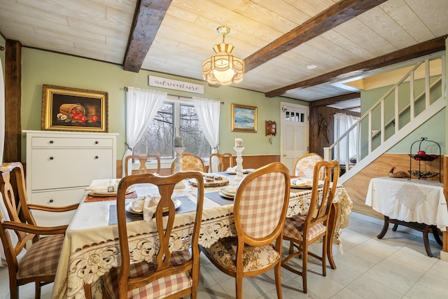 dining space with wooden ceiling, wainscoting, beam ceiling, stairway, and wooden walls