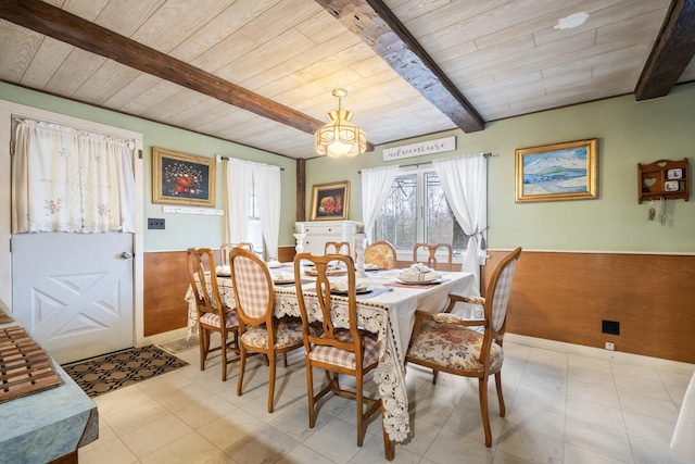 dining room with wood ceiling, a chandelier, beamed ceiling, a wainscoted wall, and baseboards