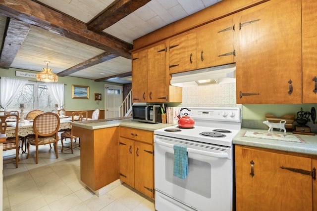kitchen with white electric range oven, stainless steel microwave, light countertops, under cabinet range hood, and beam ceiling