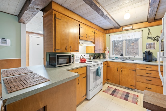 kitchen with stainless steel microwave, electric stove, a sink, under cabinet range hood, and light countertops