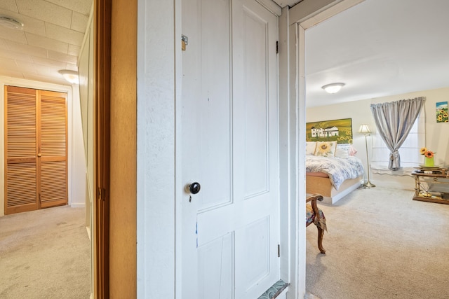 hall featuring carpet flooring