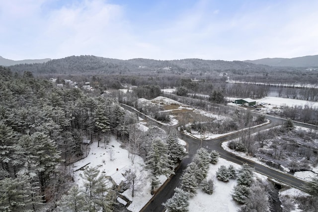 snowy aerial view featuring a mountain view