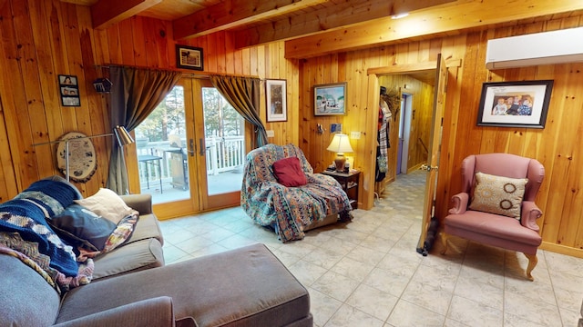86 Webb Cove Dr, Lowell, ME 04493 - living room featuring beam ceiling, wooden walls, french doors, and wooden ceiling