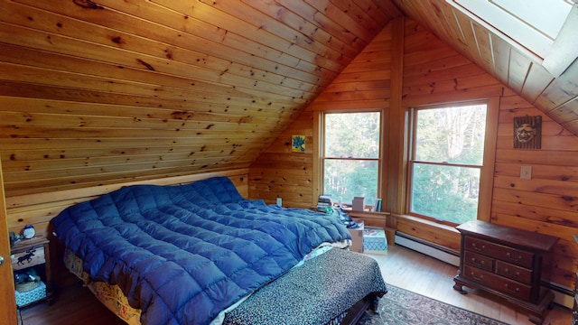 86 Webb Cove Dr, Lowell, ME 04493 - bedroom featuring wood walls, wood finished floors, a baseboard heating unit, and wooden ceiling