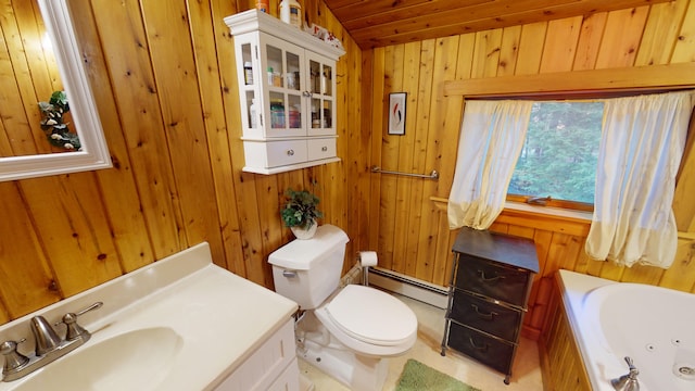 86 Webb Cove Dr, Lowell, ME 04493 - full bath with wooden ceiling, wooden walls, toilet, a jetted tub, and baseboard heating
