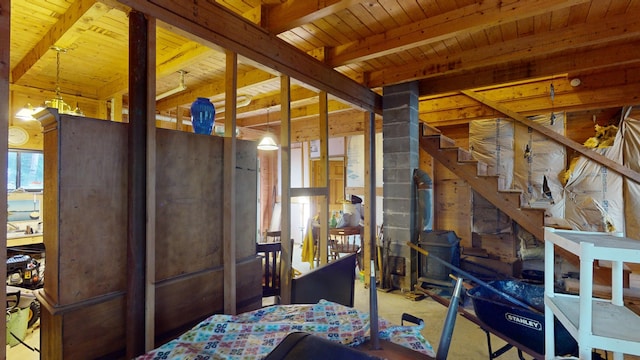 86 Webb Cove Dr, Lowell, ME 04493 - bedroom with beamed ceiling and wood ceiling
