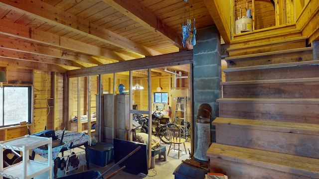 86 Webb Cove Dr, Lowell, ME 04493 - interior space with wooden ceiling, beamed ceiling, and wooden walls