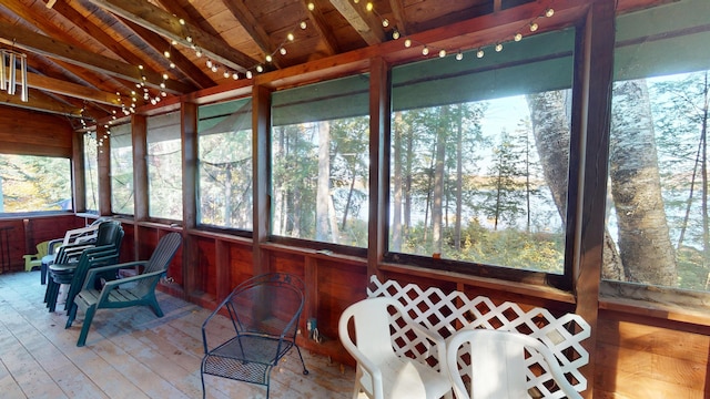 86 Webb Cove Dr, Lowell, ME 04493 - sunroom featuring wood ceiling, a deck, hardwood / wood-style flooring, lofted ceiling with beams, and wooden walls