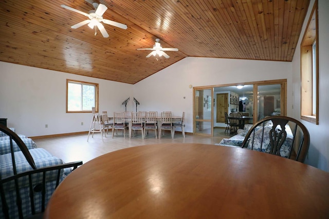 dining space with baseboards, lofted ceiling, and wood ceiling