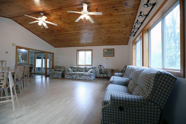 living room featuring wood ceiling, an AC wall unit, a ceiling fan, and light wood-style flooring
