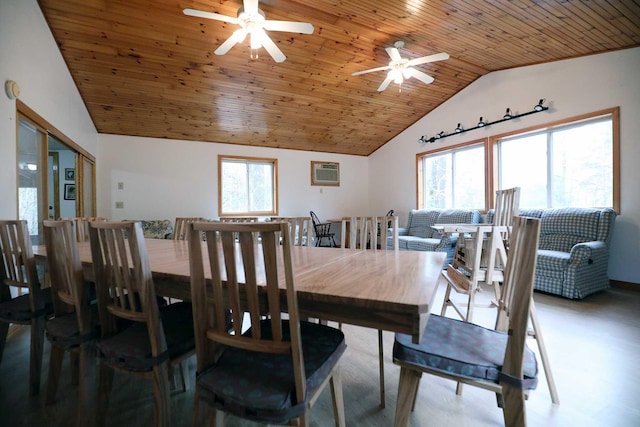 dining room with a wall mounted air conditioner, a ceiling fan, vaulted ceiling, and a wealth of natural light