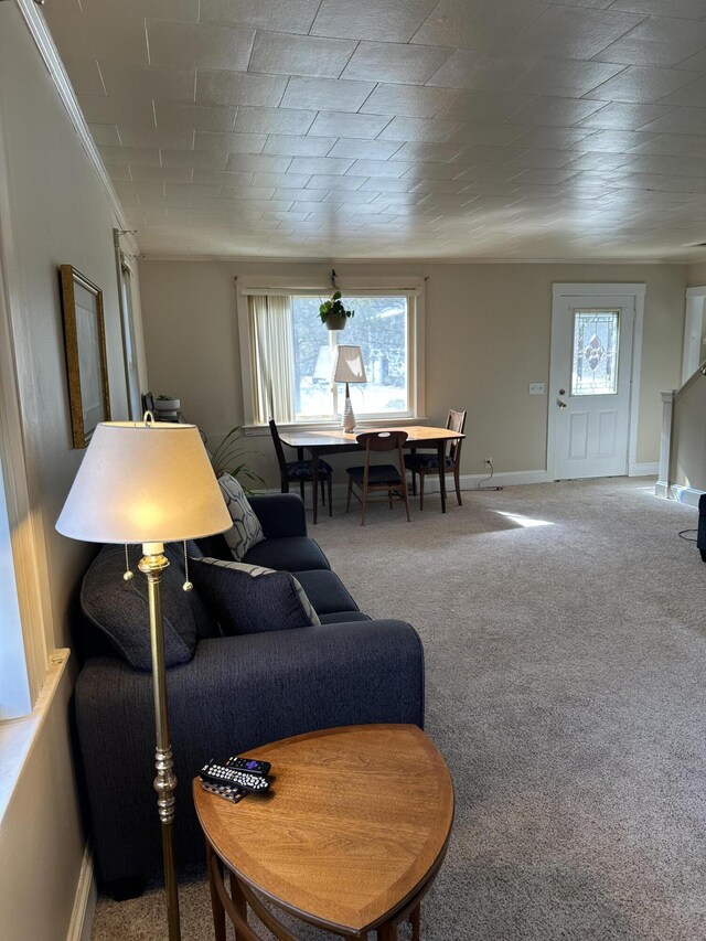 74 Silk St, Brewer, ME 04412 - carpeted living area with baseboards and ornamental molding
