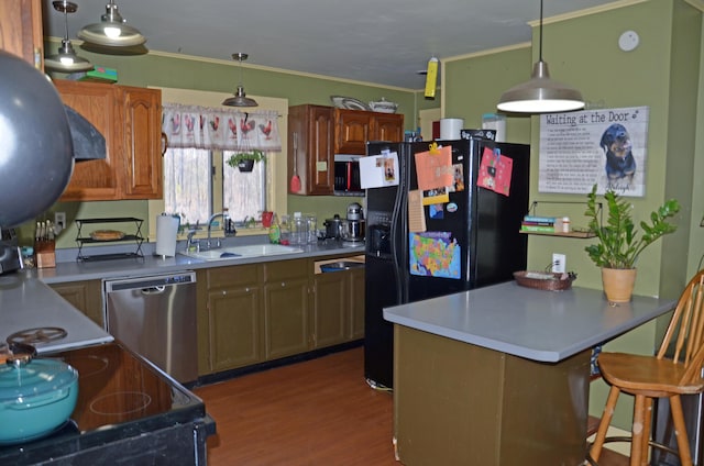 13 Hazen St, Norway, ME 04268 - kitchen featuring stainless steel dishwasher, electric range oven, black fridge, a sink, and crown molding