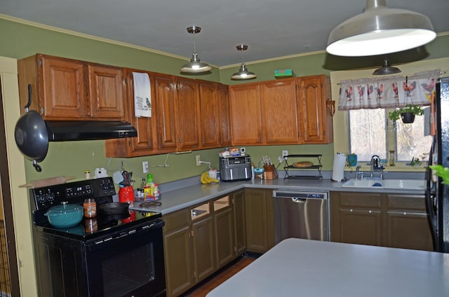 13 Hazen St, Norway, ME 04268 - kitchen with stainless steel dishwasher, under cabinet range hood, light countertops, black electric range, and a sink